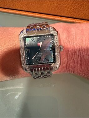 Michele Milou Stainless Steel Silver Bracelet Watch with Black Mother of Pearl